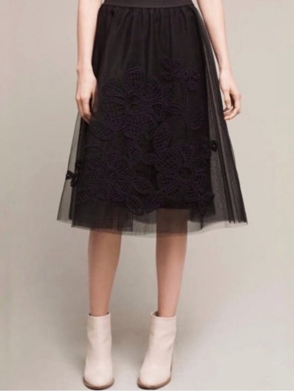 Anthropologie Maeve Fleurs du Nuit Tulle Skirt, Black, sz Medium